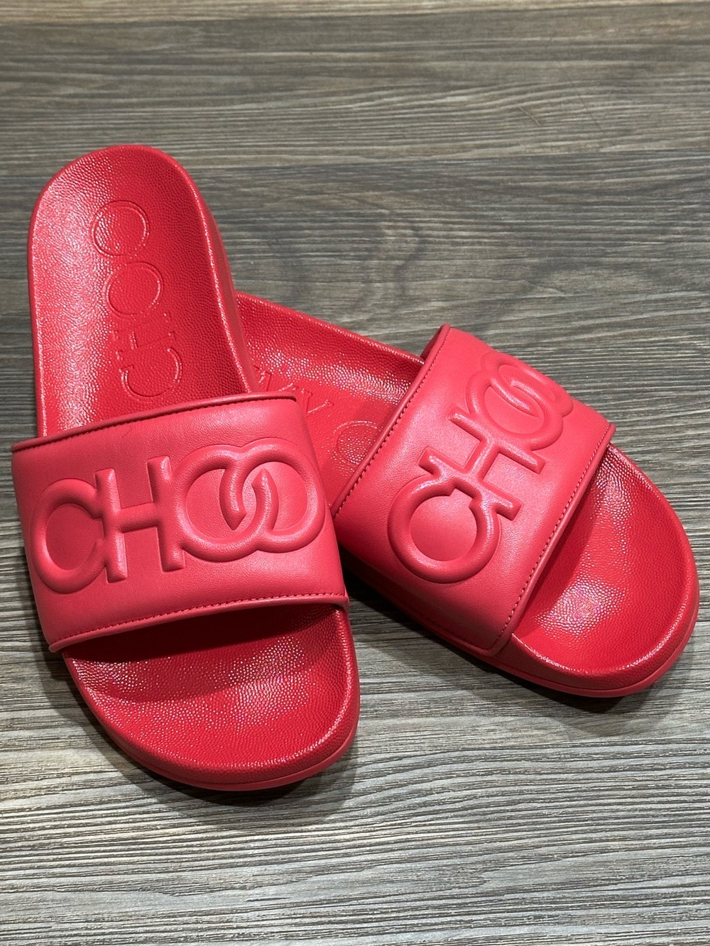 Jimmy Choo Nappa Leather Barbie Core Slides Hot Pink Embossed Logo Slides